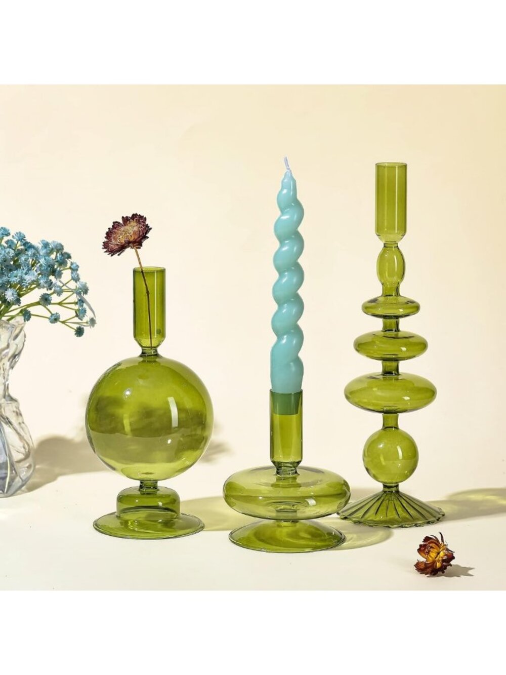 Set of 3 Elegant Green Glass Candle Holders - Stylish Home Decor Accent - Picture 5 of 7